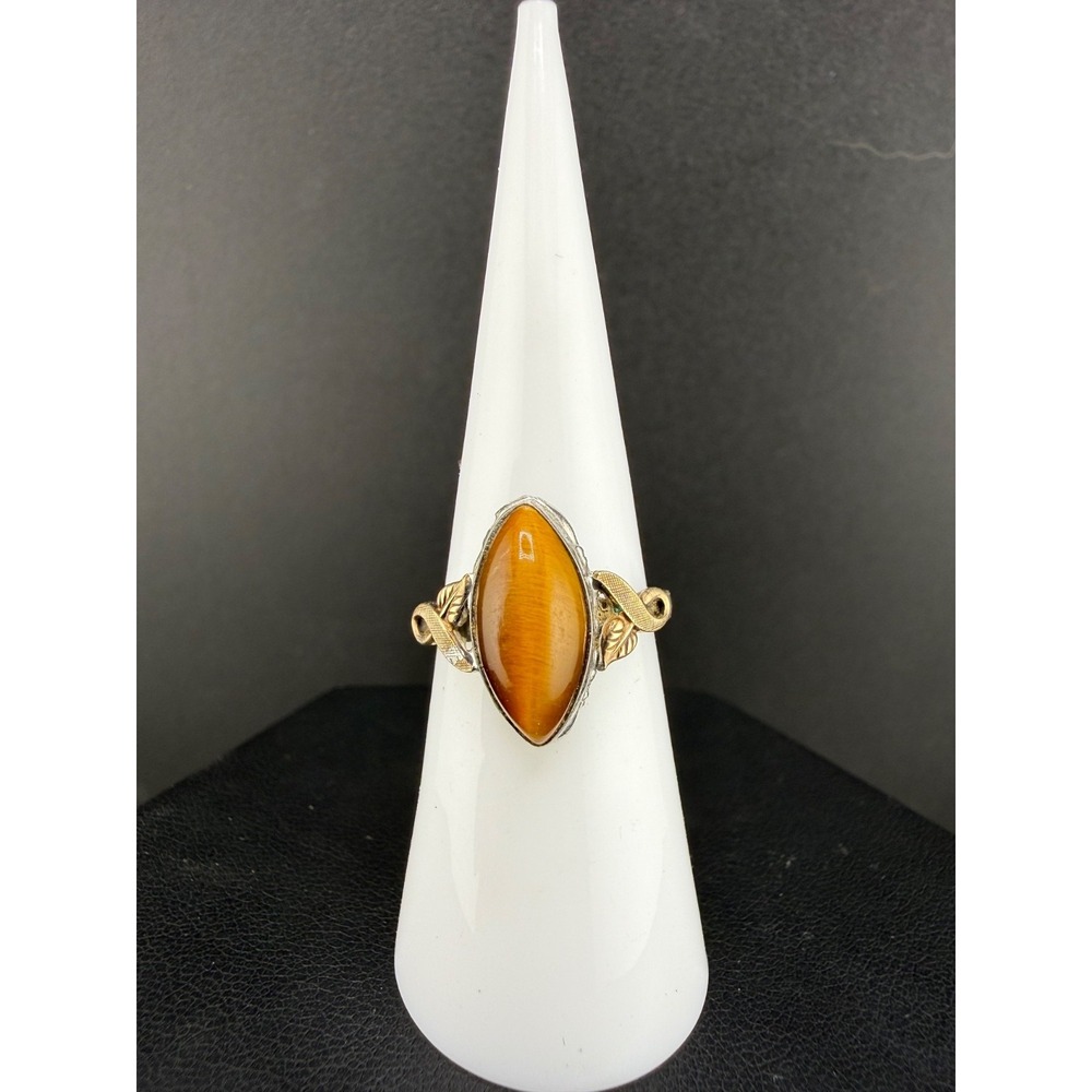 Vintage C&C Sterling Silver Gold Filled Tigers Eye Ring Cocktail Signed Size 6